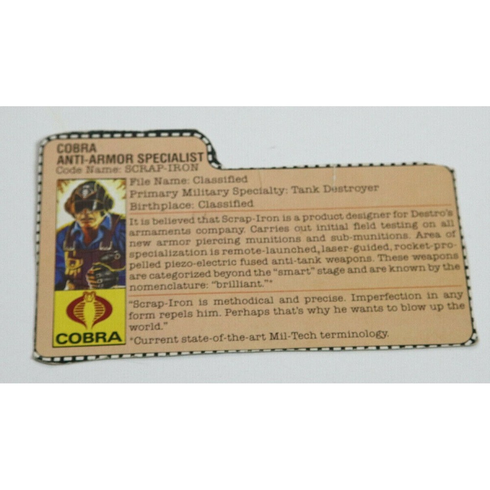 VINTAGE GI JOE FILE CARD 1984 HASBRO - SCRAP-IRON - COBRA ANTI-ARMOR SPECIALIST